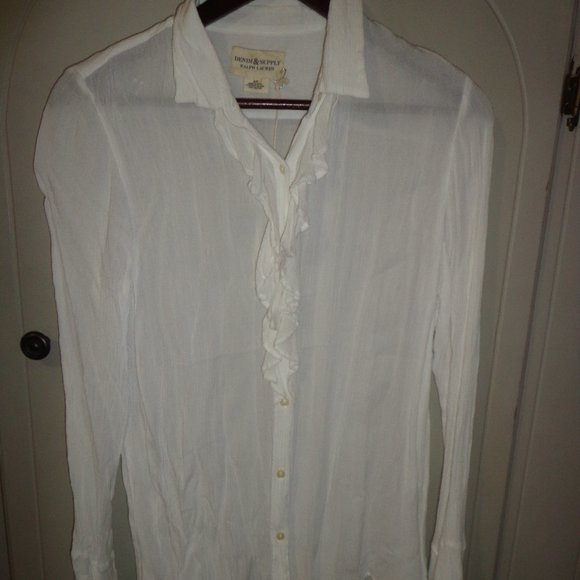 NWT DENIM & SUPPLY RALPH LAUREN Ruffled Blouse Ruffled Button Placket S White - Picture 1 of 14